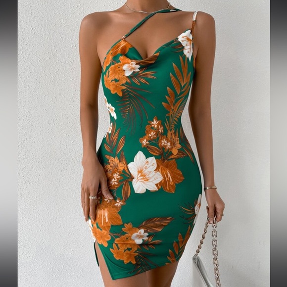 Boho Tropical Print One Shoulder cowl Neck Bodycon Fitted Mini Dress Pink - Picture 5 of 6